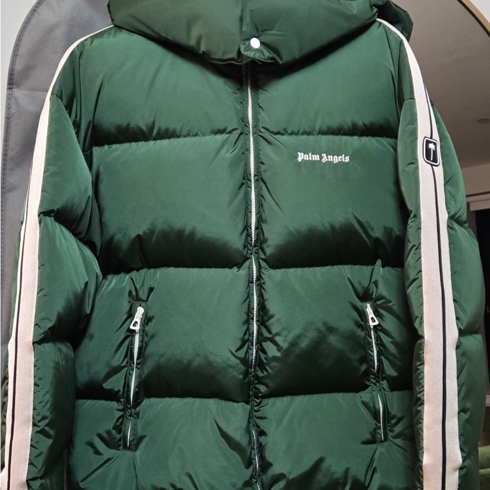Palm Angels Green Puffer Jacket with Hood and Zipper Closure